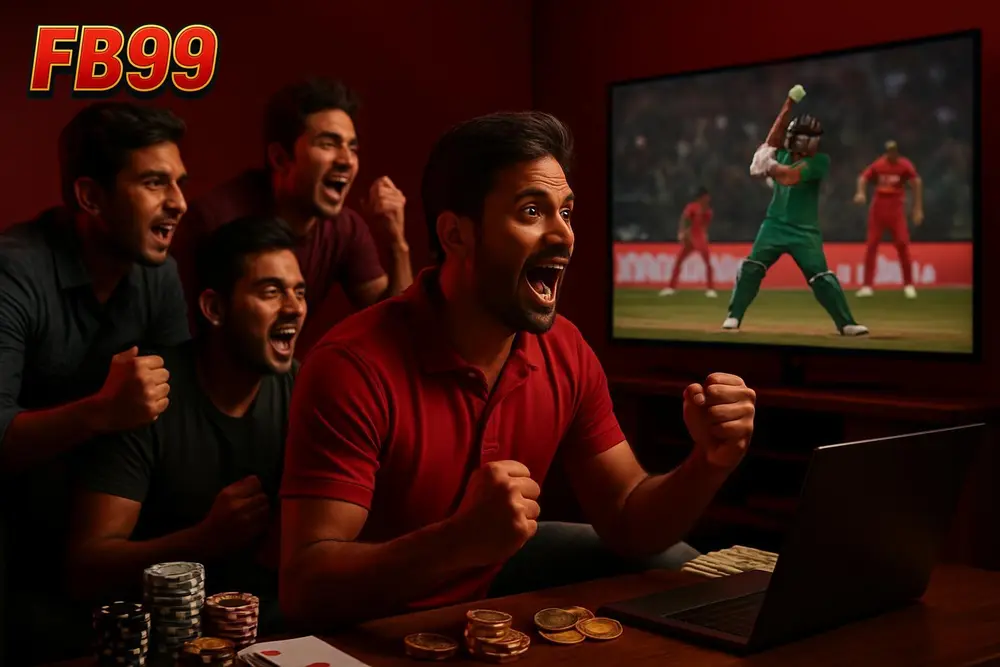 FB99 Cricket Betting โ a group of young Bangladeshi men watching a cricket match excitedly on a large television in FB99 Cricket Betting โ a group of young Bangladeshi men watching a cricket match excitedly on a large television in