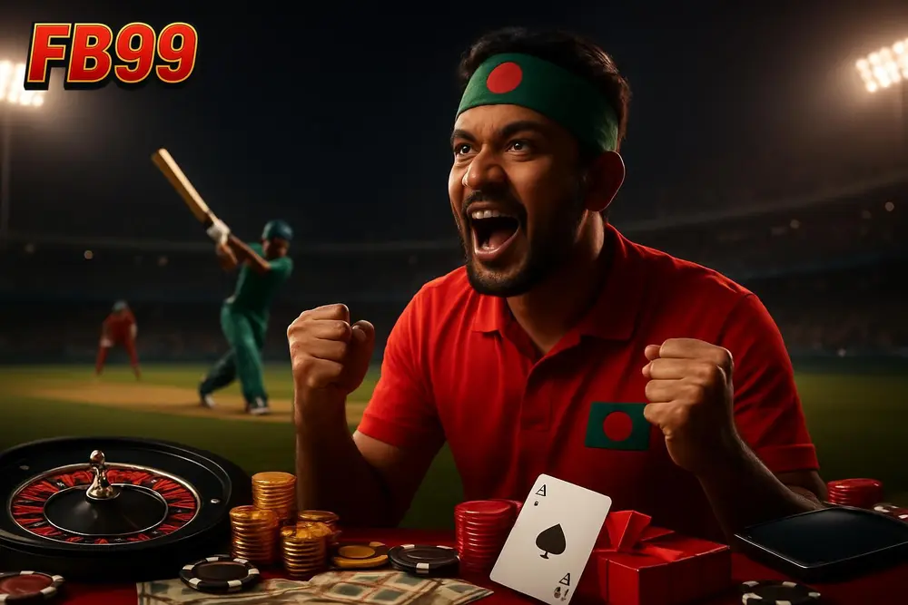 FB99 Cricket Betting โ a cheering Bangladeshi fan in a packed cricket stadium as a batsman hits a six on the FB99 Cricket Betting โ a cheering Bangladeshi fan in a packed cricket stadium as a batsman hits a six on the