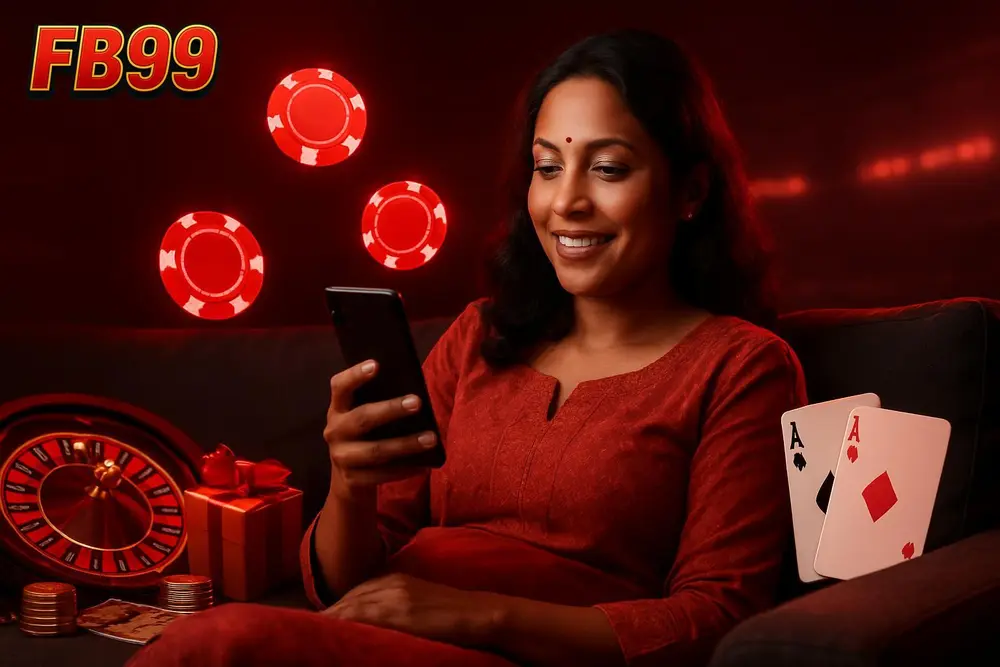 FB99 Bangladesh — a Bangladeshi woman relaxing on a sofa using a mobile phone with glowing casino chip icons