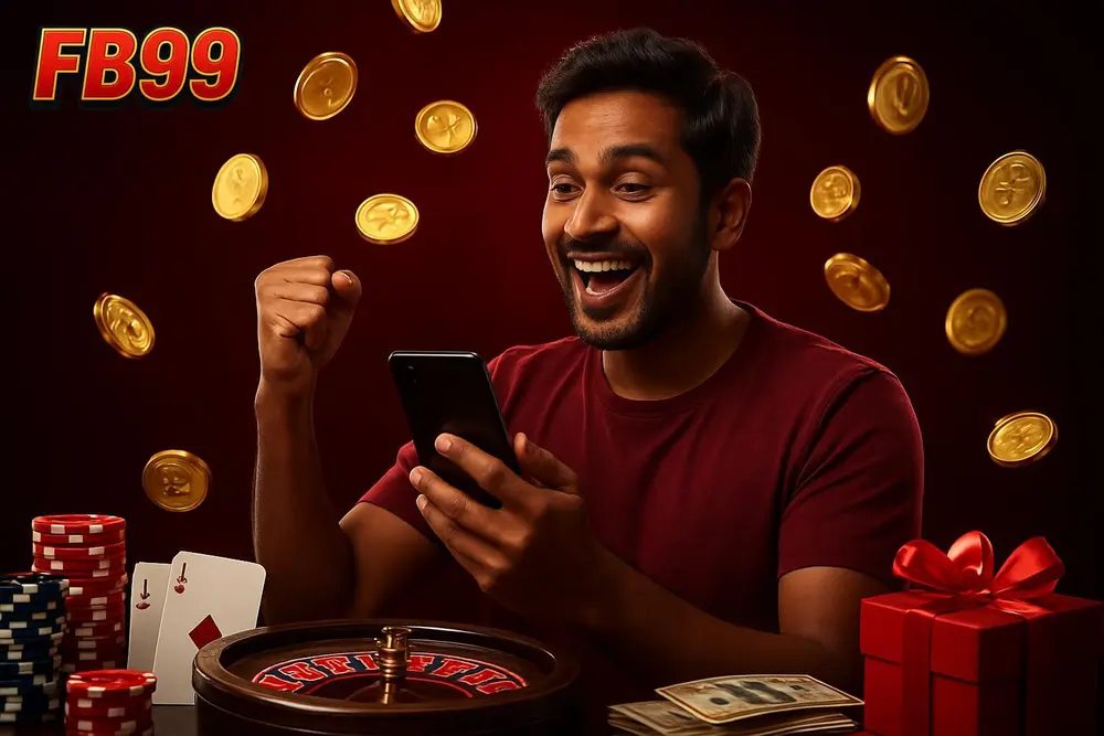 FB99 Signup Bonus โ a young Bangladeshi man raising his fist in celebration as golden coins shower around his smartphone FB99 Signup Bonus โ a young Bangladeshi man raising his fist in celebration as golden coins shower around his smartphone