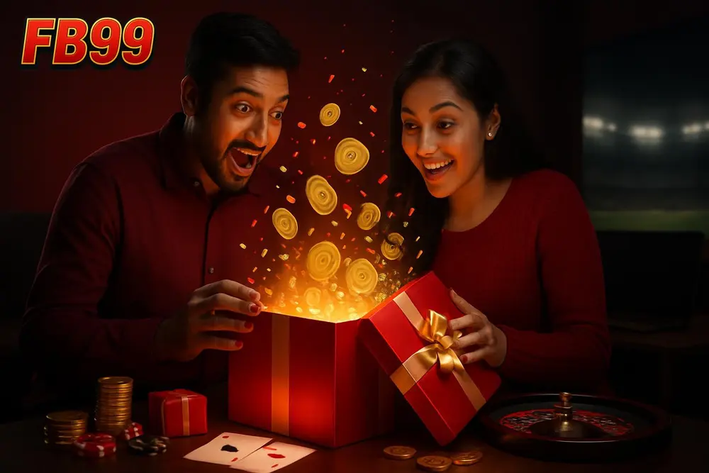 FB99 Signup Bonus โ an excited Bangladeshi couple opening a giant glowing gift box bursting with golden coins and FB99 Signup Bonus โ an excited Bangladeshi couple opening a giant glowing gift box bursting with golden coins and